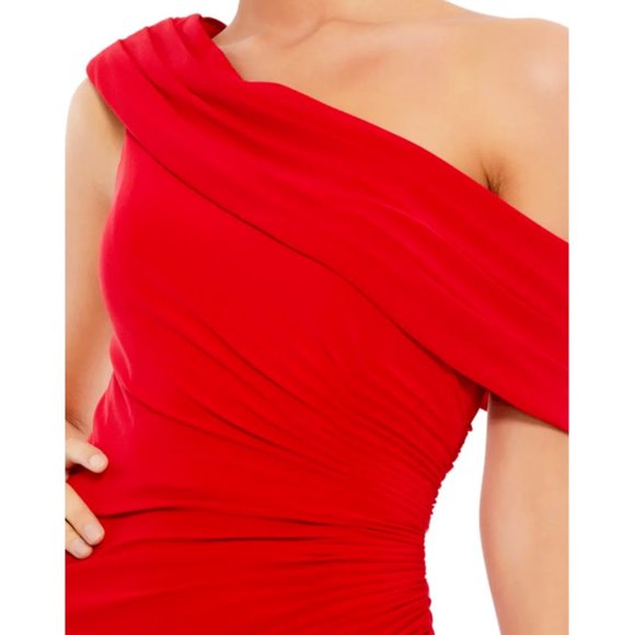 MAC DUGGAL FOLDOVER RUCHED ONE SHOULDER JERSEY MIDI RED DRESS sz 6 - Picture 2 of 4